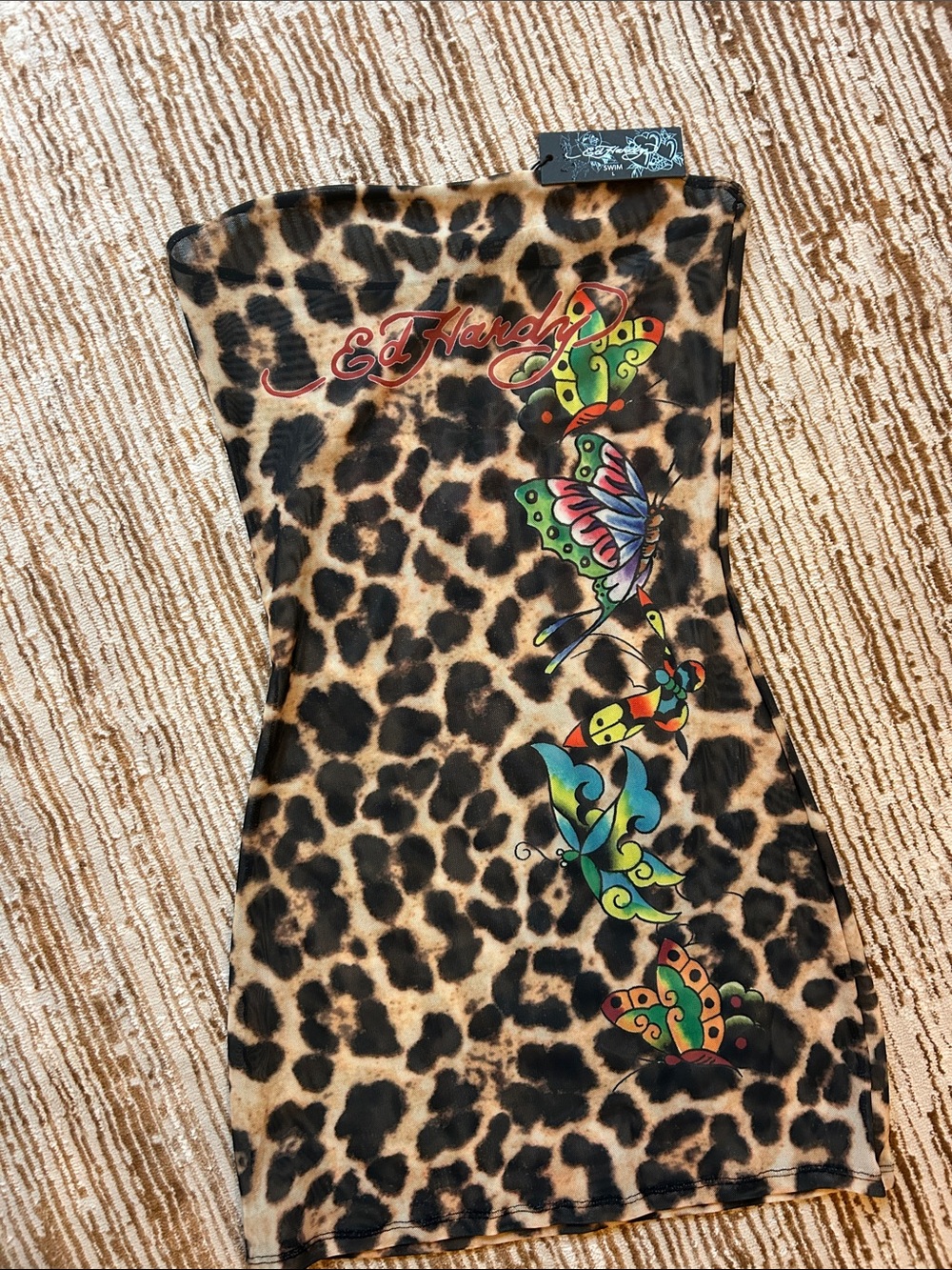Ed Hardy Leopard Print Dress with Colorful Butterfly Detail - Brown